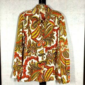 Vintage Lady Arrow Blouse Autumn Multicolored Paisley Pointed Collar Medium EUC